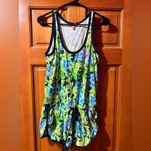 Rare Vintage Juicy Couture Blue & Green Floral Tank One-Piece Romper